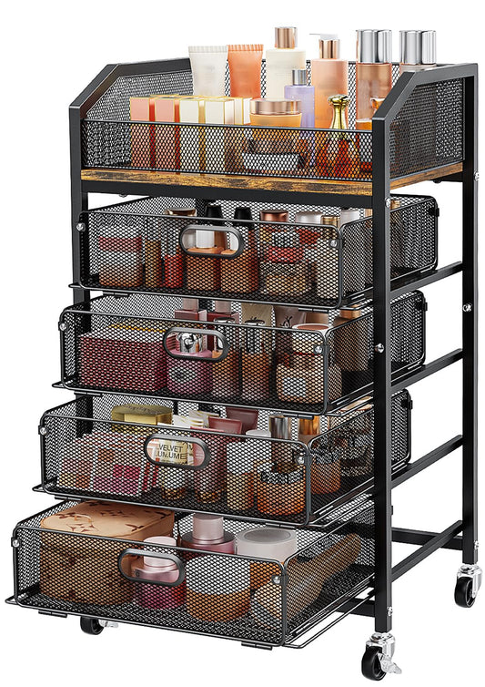 SUNALLY Makeup Organizer Cart with 4 Drawers, Rolling Makeup Storage Cart Metal Skincare Organizers, Large Vanity Storage Organizer Cosmetics Display Cases for Skin Care Perfume Nail Polish, Black