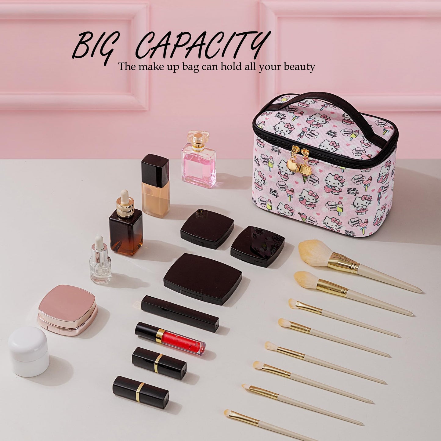 AmBealla Cosmetic Bag Large Makeup Bag Pink Makeup Travel Case with Brush Holder,Canvas Organizer for Women,Toiletry Bag for Skincar &Beauty Tools Sweet Cute for Girls