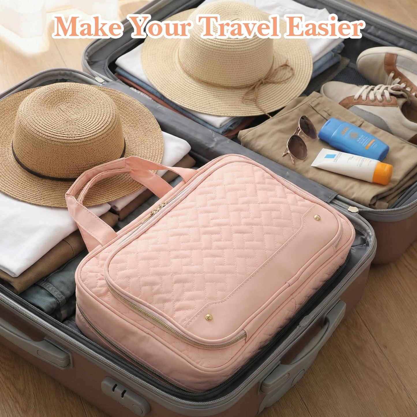 Ckhoid Travel Hanging Toiletry Bag for Women Foldable Makeup Bag with Jewelry Organizer Compartment, PVC Waterproof Cosmetic Travel Bag for Business Camping Bathroom Pink Toiletry Organizer(Pink)