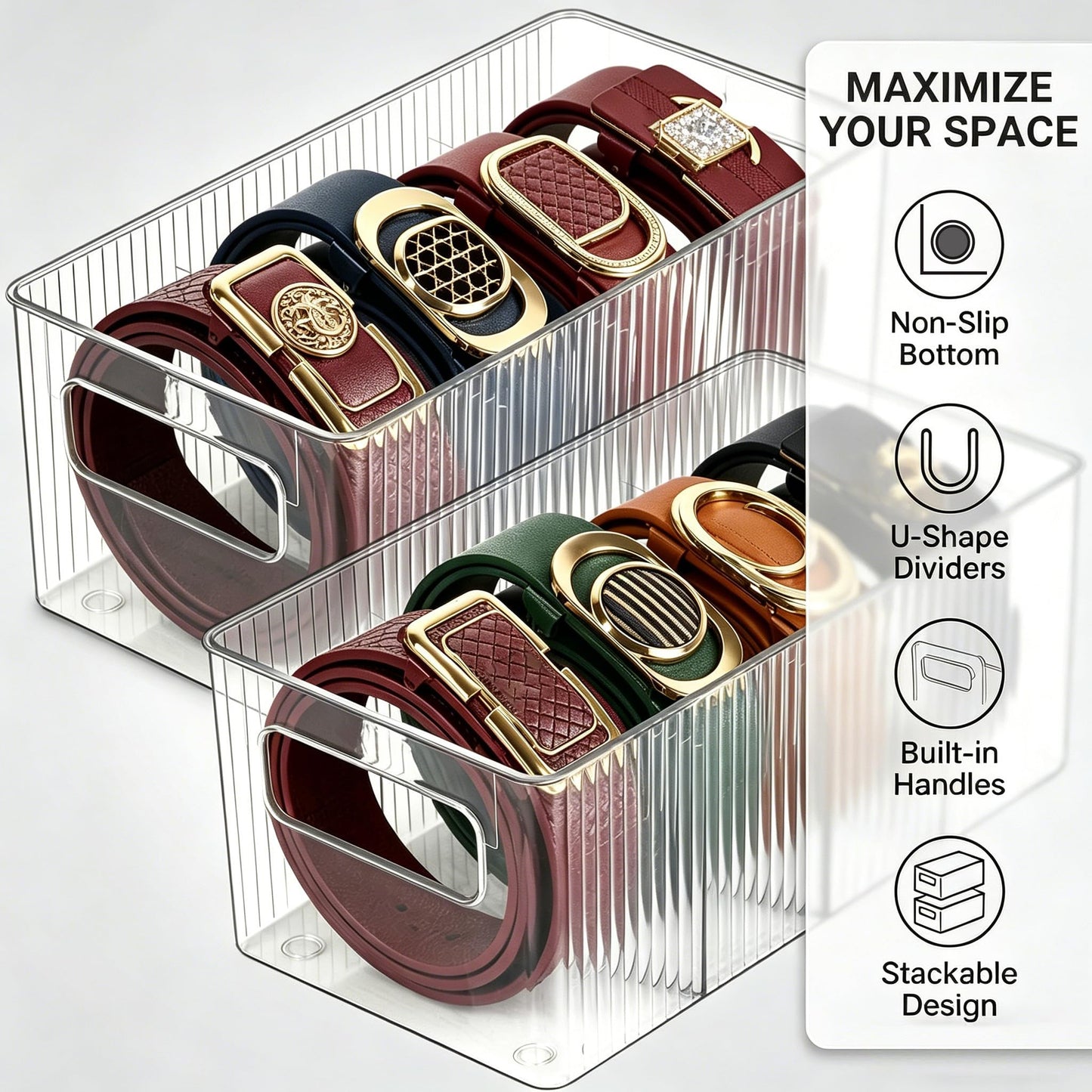 Fevont Belt Organizer - with Handles & Stackable Design, Belt Storage Holder for Closet and Drawer, 4-Compartment Display Case for Ties, Socks, Underwear