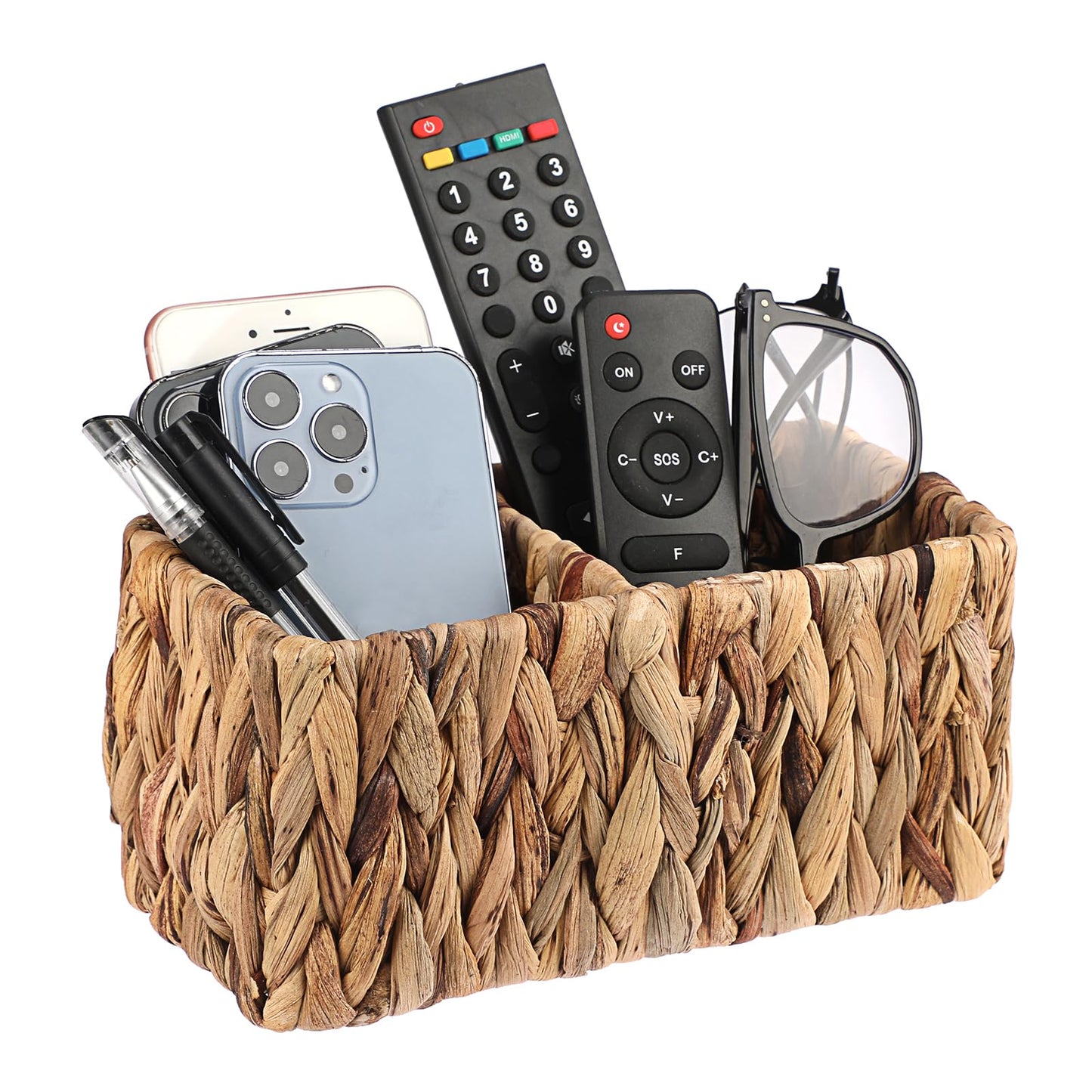 BTSKY Handwoven Remote Control Holder for Table, Natural Water Hyacinth Remote Organizer Caddy Small Wicker Storage Basket, 2-Compartment Office Supplies Desk Organizer Rustic Makeup Brushes Holder