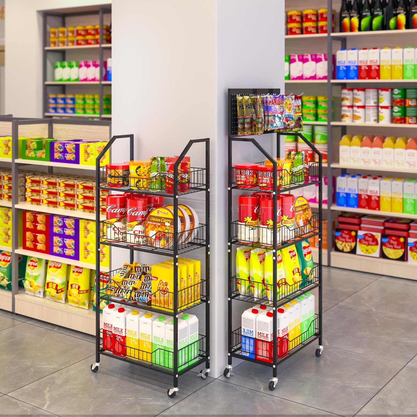 Fitzkor 4 Tier Supermaket Storage Rack, Snack Rack Display Stand, Retail Display Organizer Stand with Hooks & Wheels, Metal Snack Shelf for Store Home Kitchen, Black Chip Rack Display Stand (4 Tier)