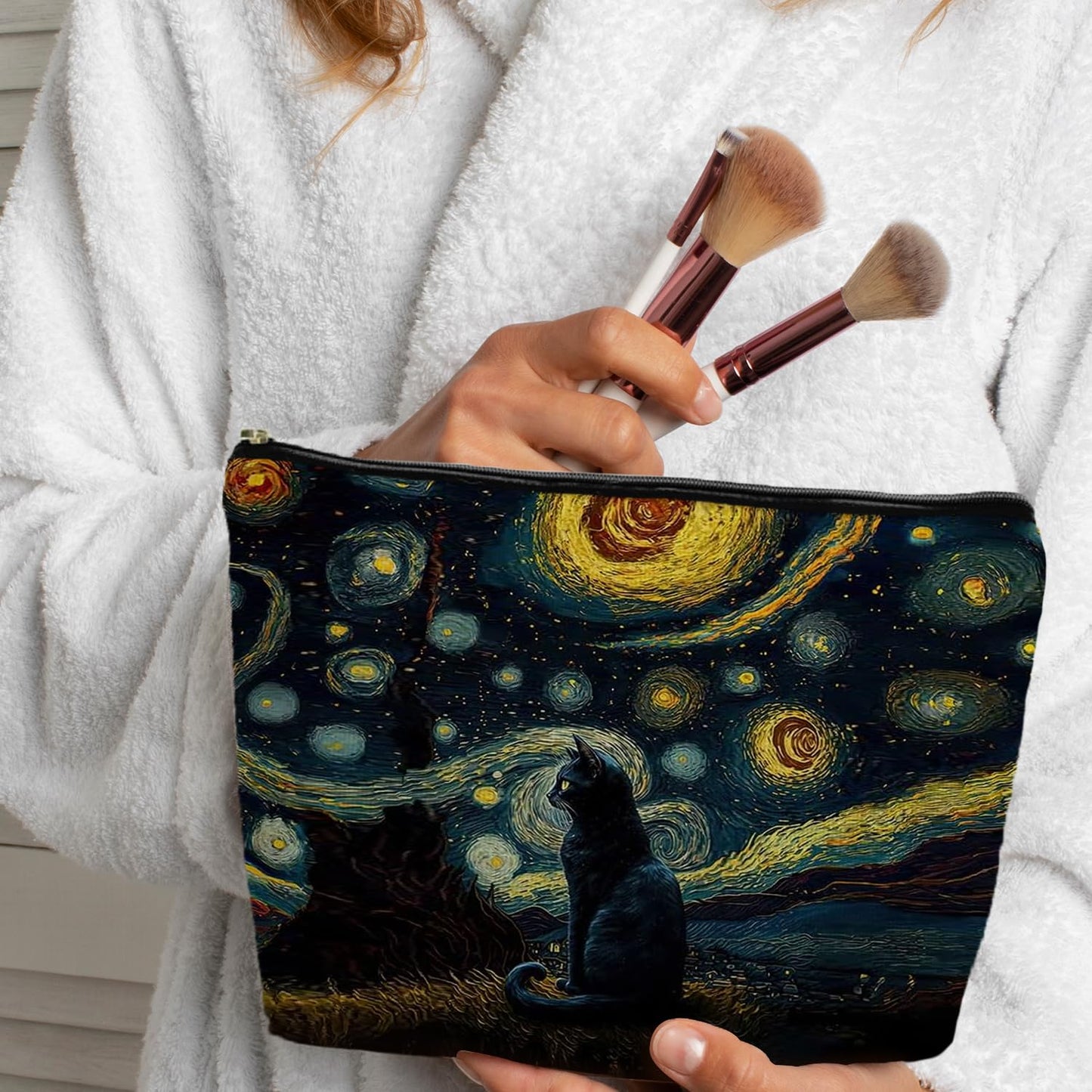 ignytiger Starry Night Black Cat Makeup Pouch Cosmetic Bag Mom Lady Gifts for Women Cat Lovers, Cat Bag for Women