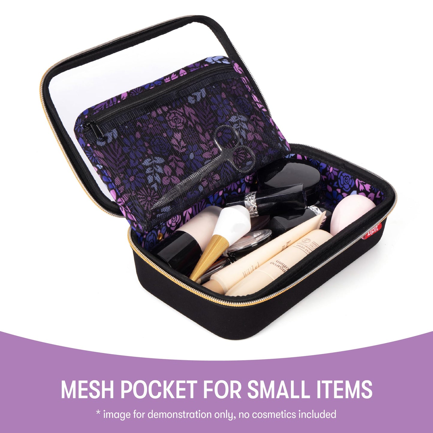 ZIPIT: Travel Makeup Bag - Black & Purple Flowers - Protective Hard Shell, Large Cosmetic Case, Transparent Zipper Lid, Handle, Toiletry Organizer