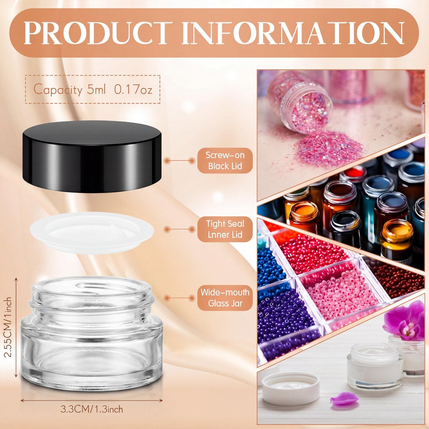 Norme 240 Pack Clear Bulk 5ml Glass Jars Leakproof Inner Liners & Lids 5 Gram Refillable Cosmetic Sample Lip Balm Container 5g UV Protection Travel Empty Jar for Skincare (Classic Lid)
