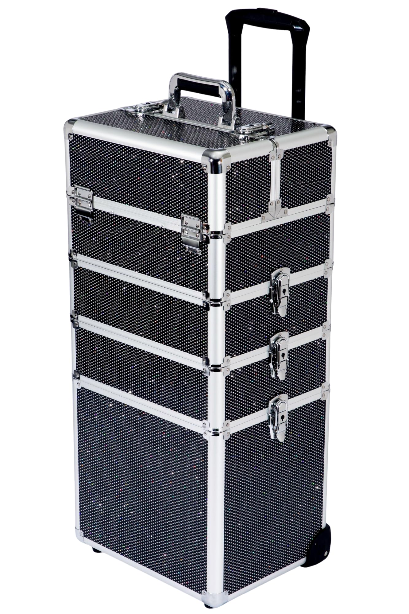 Gdsshuhung Makeup Rolling Train Case - Professional Cosmetics Organizer with Aluminum Frame, Folding Trays & Wheels, Portable for Travel & Studio (Black Diamond)