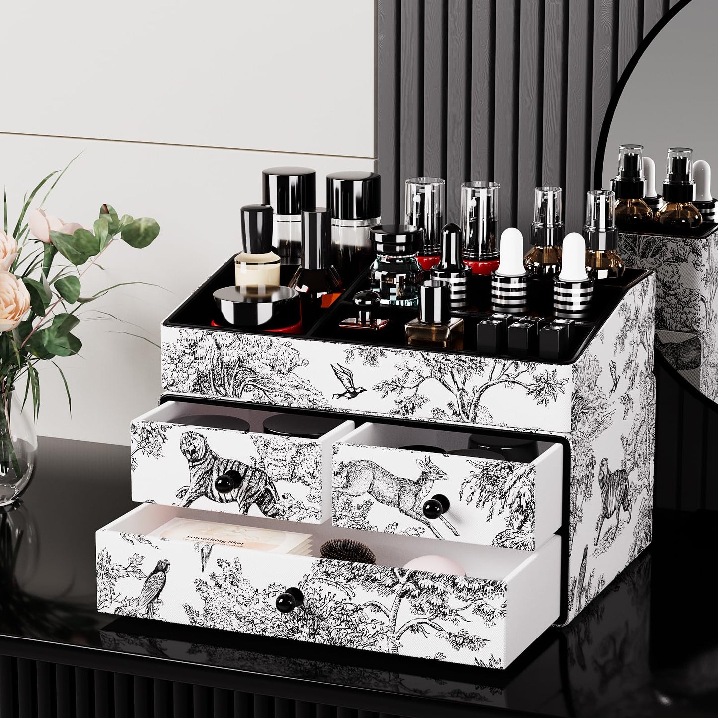GORESE Leather Makeup Organizer with 3 Drawers for Vanity, Stackable Skincare Holder Dresser Organizer Countertop, Make Up Storage Organizers Counter Cosmetic Display Case Gift for Women(Retro Black)