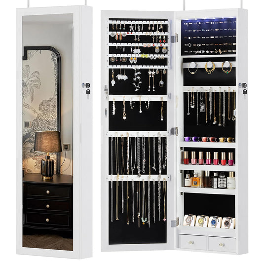 Sweetcrispy Jewelry Organizers and Storage, Wall/Door Mounted Jewelry Armoire with Full Length Mirror, 47.2" Tall Mirror with Storage, Automatic 6 LED Lights, Lockable, 2 Drawers, White