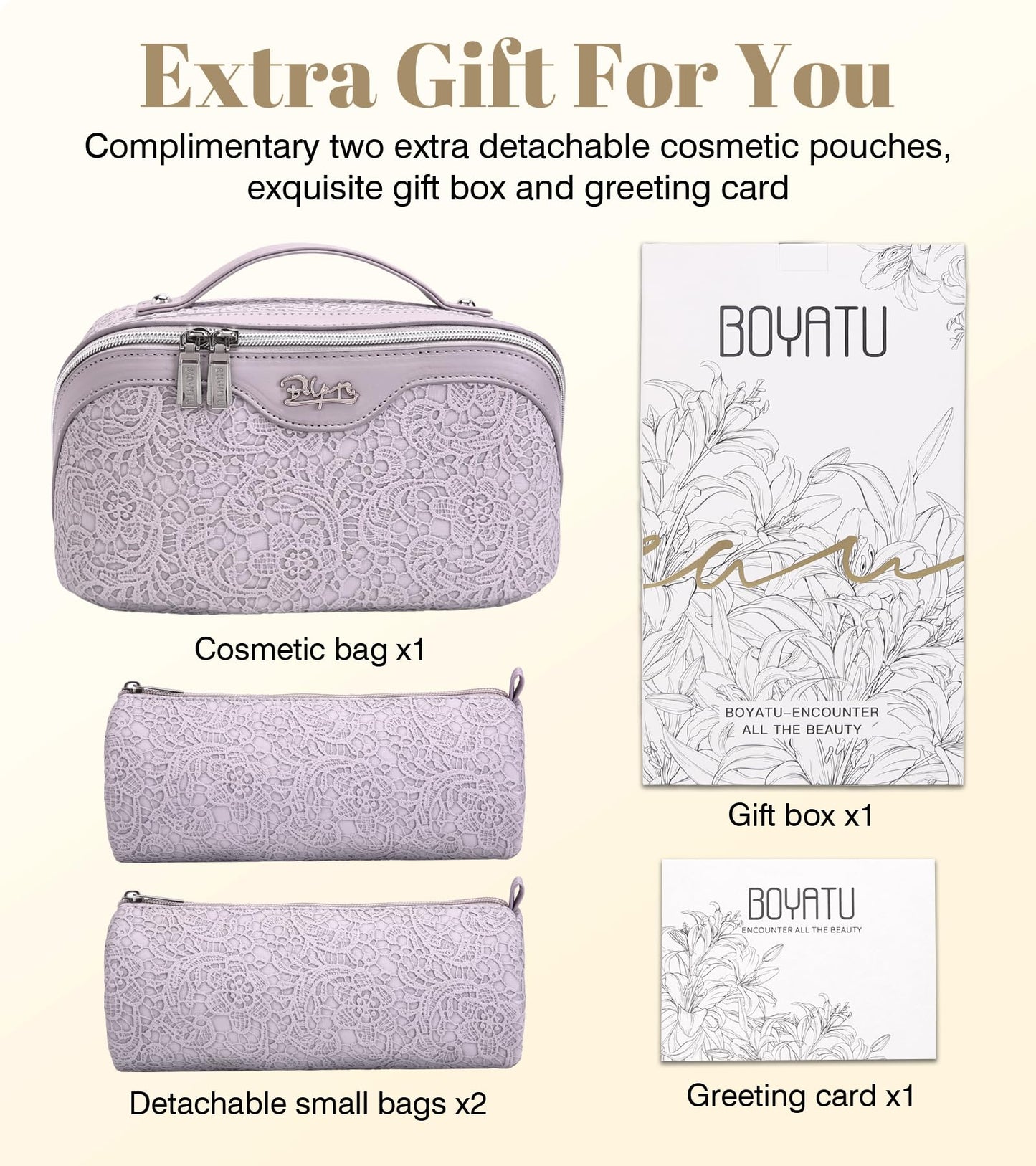 BOYATU Travel Makeup Bags Cosmetic Organizer Bag: 3-Set Large Capacity Make up Bag - PU Leather Toiletry Bags for Women - Wide Open Portable Pouch with Divider & Handle (A-Violet)