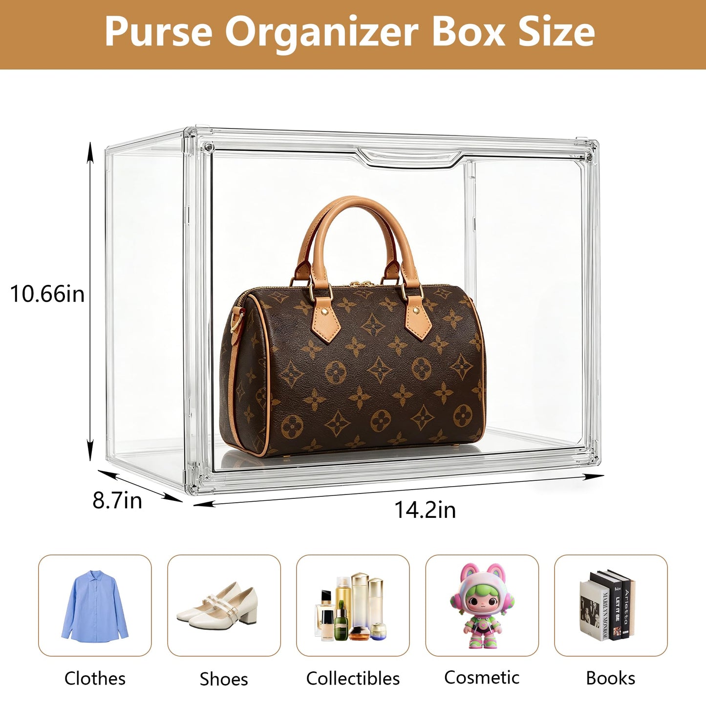 Attelite Plastic Purse and Handbag storage Organizer for Closet, Clear Acrylic Display Case with Magnetic Door for Wallet, Book, Cosmetic, Clutch Organization 3 Pcs