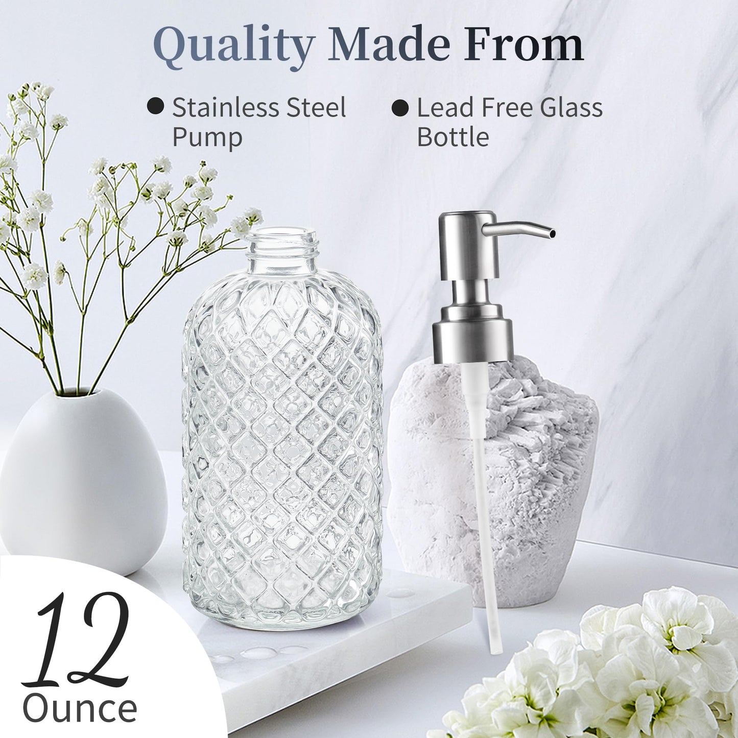 Kaishun Refillable Glass Soap Dispenser (2PC) for Hand Soap & Lotion, Clear