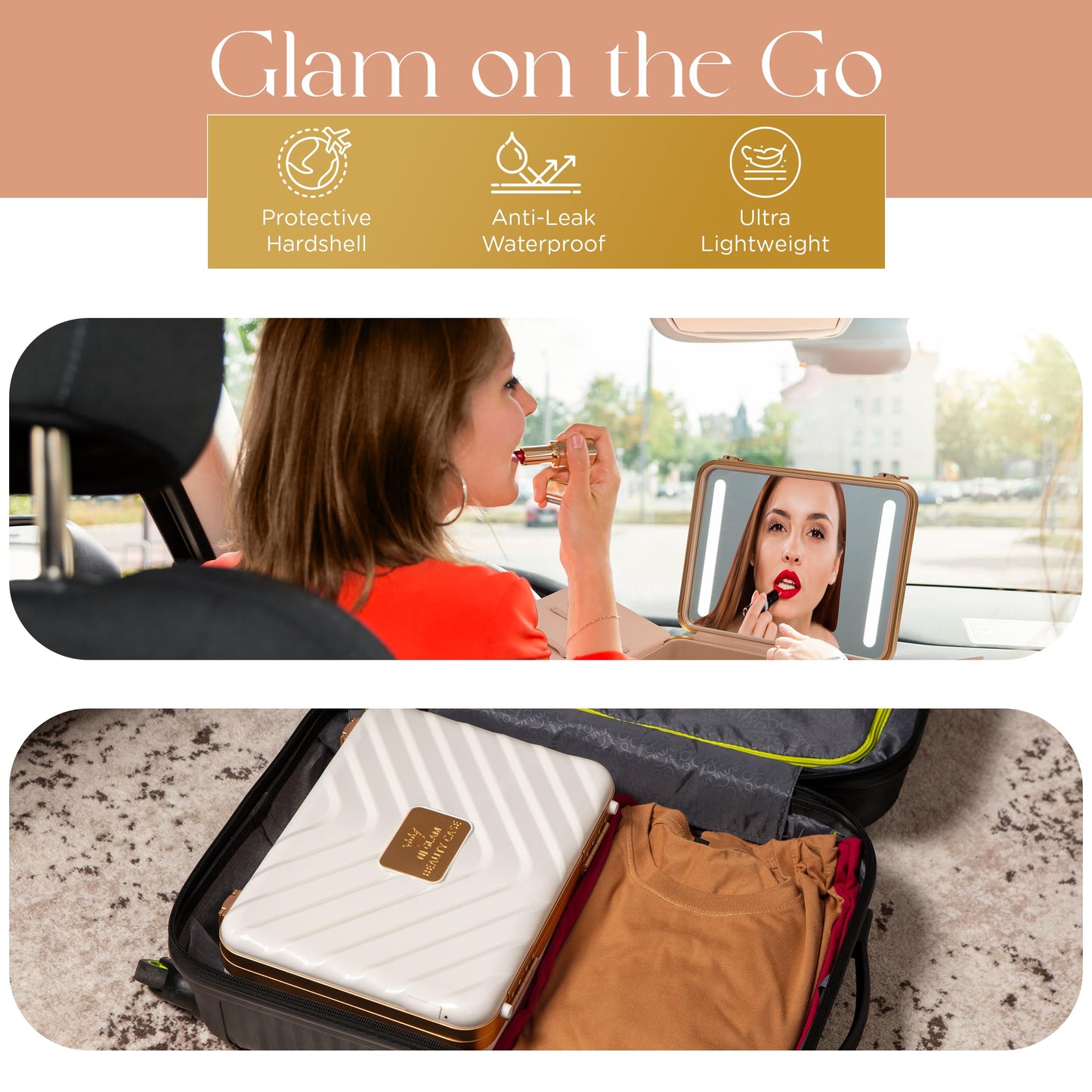 NJ GLAM Lighted Makeup Case with Mirror + 10x Mini Mirror - Portable, 3 LED Modes, Adjustable Dividers I Travel Makeup Train Case & Organizer I USB Rechargeable I (White)