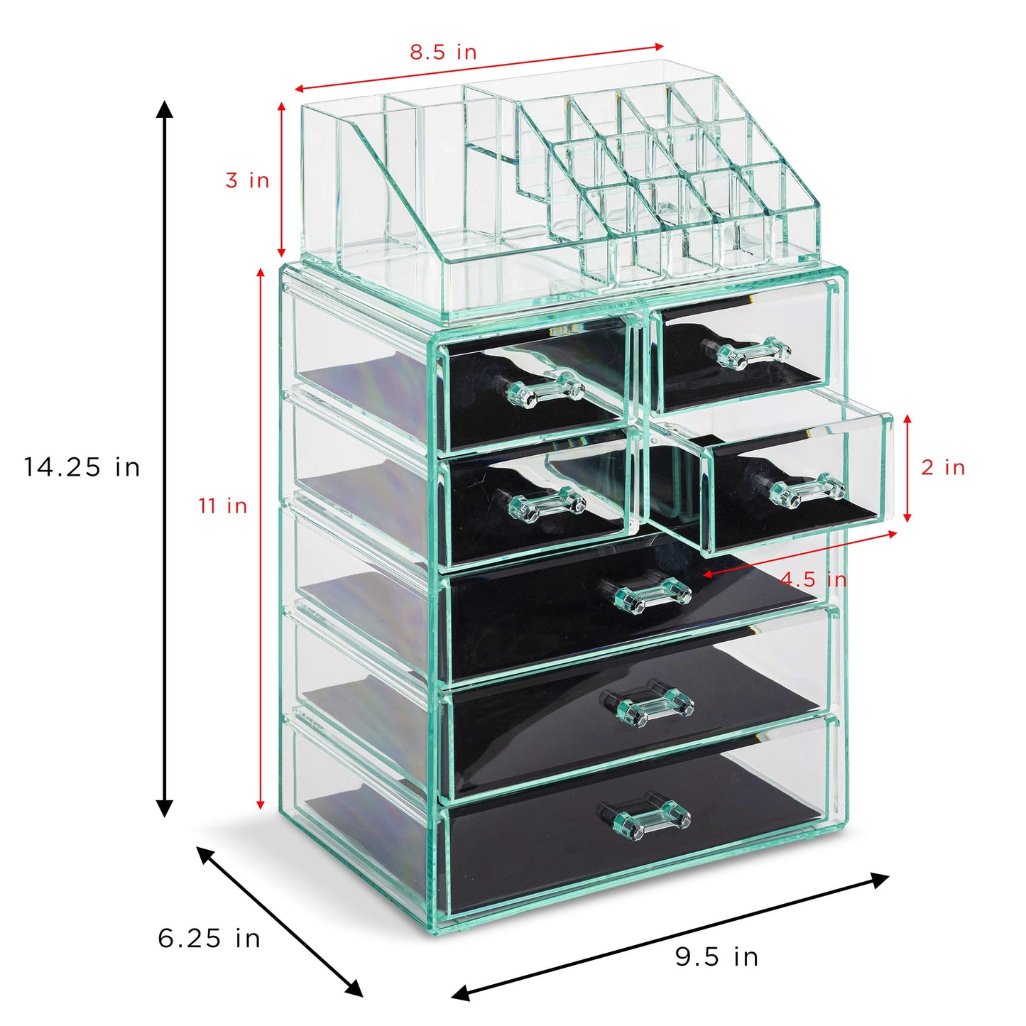 Sorbus Acrylic Makeup Organizer Set, 7-Drawer Vanity & Countertop Cosmetic Storage with Small & Wide Compartments, Teal Thrill Makeup Storage for Brushes, Jewelry – Holiday Gift for Women & Teens