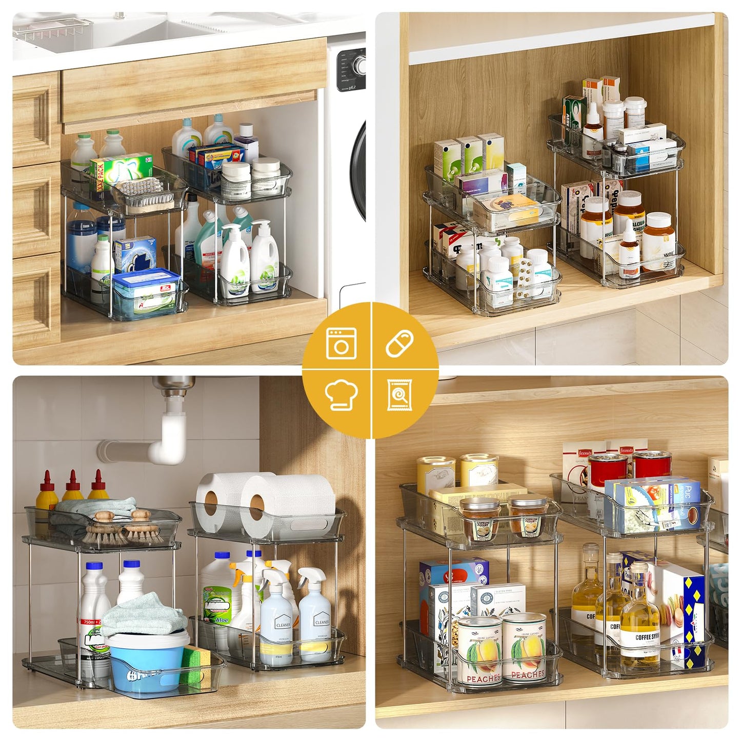 Delamu 2-Tier Under Sink Organizers and Storage, Multi-Purpose Stackable Bathroom Cabinet organizers, Pull Out Kitchen Pantry Organization and Storage with Dividers(2 Pack, Grey)