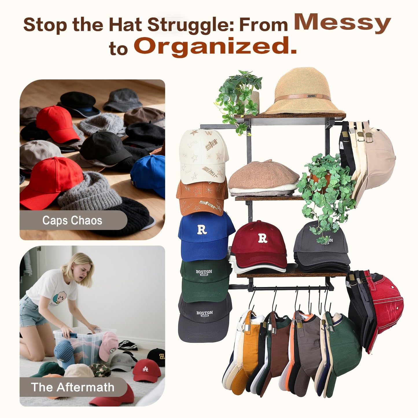 Keebofly Hat Rack for Wall with Shelf for Handbags, Purse,Bennies, Perfumes & Cosmetics Display, Hat Holder Storage for 100+ Caps, Baseball Cap Organizer & Beanie Holder for Closet, Entryway, Bedroom