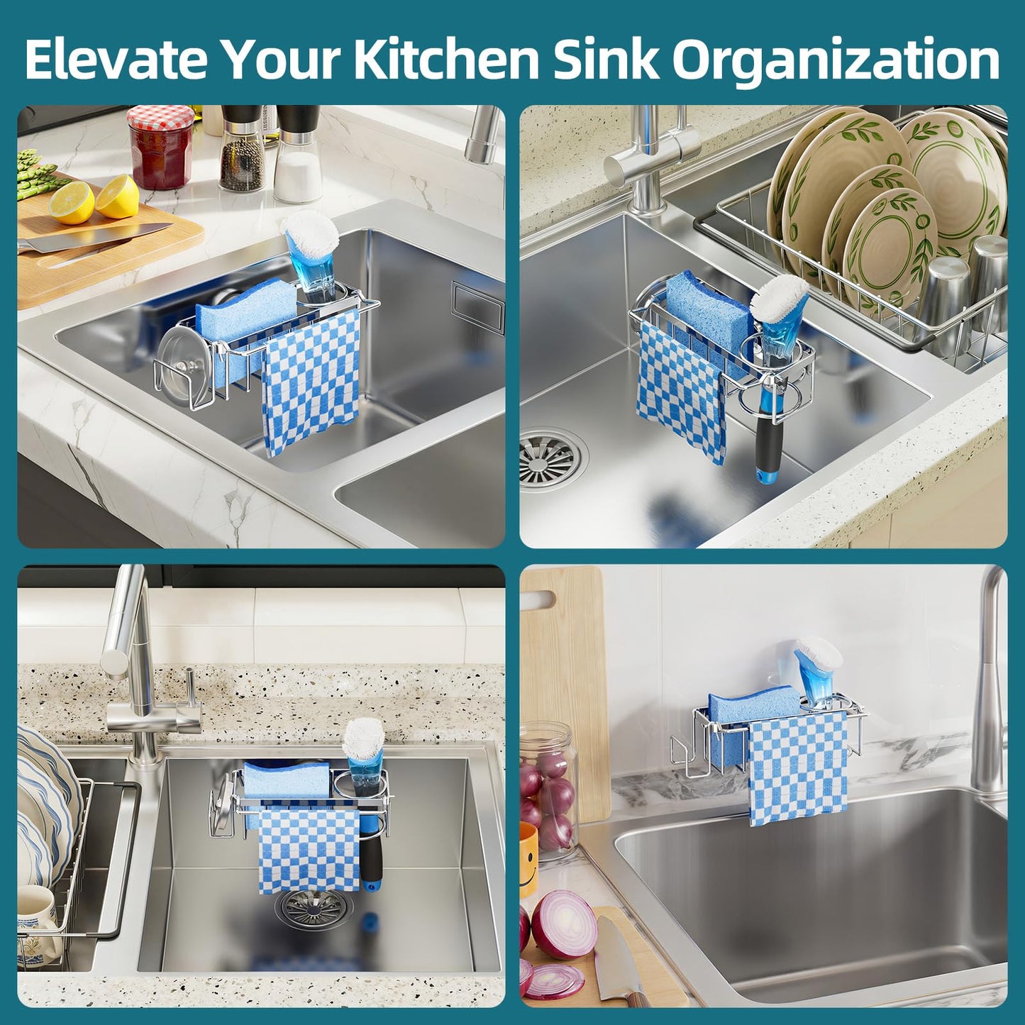 TAILI 4-in-1 Sink Caddy with Strong Suction Cup, Sponge Holder for Kitchen Sink Organizer, Removable, Rustproof, Stainless Steel Holder for Sponge, Brush, Scrubber, Scraper - Silver