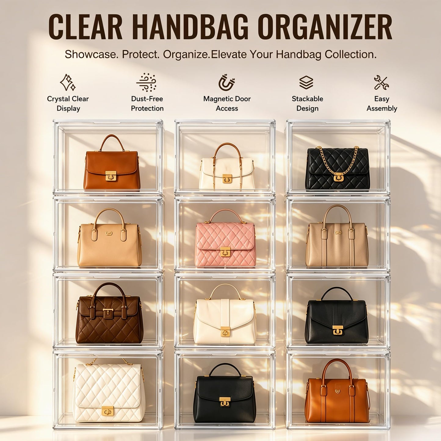 EZJOB 10 Pack Clear Purse Organizer for Closet, Acrylic Handbag Box,14.1 in