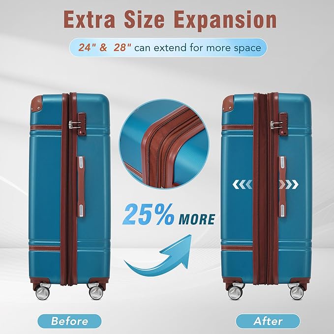 Merax Luggage Set 3 Piece Suitcase Set with 1 Cosmetic Case Expandable Spinner Wheels Vintage Luggage Sets(Blue,20"+24"+28")