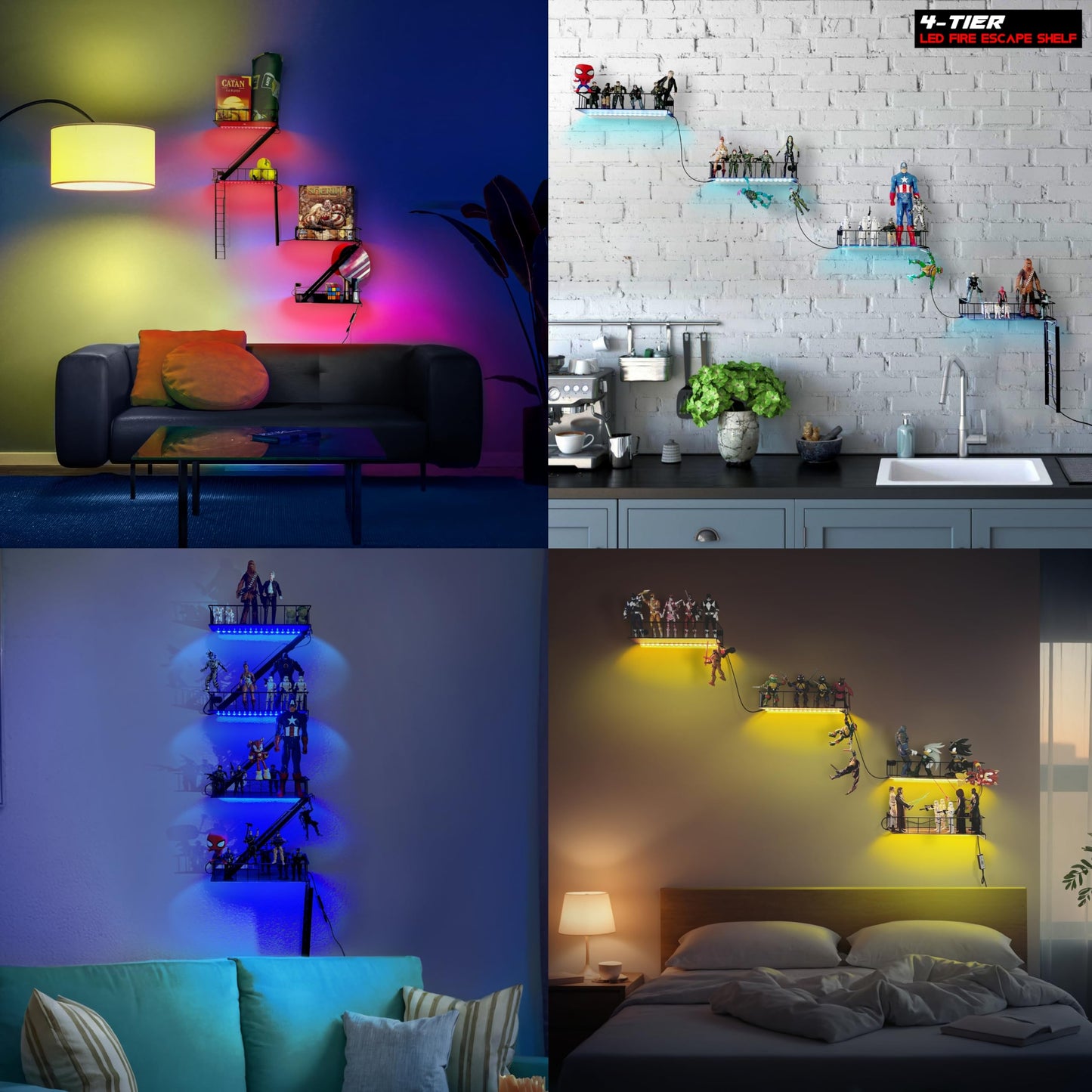 Level 4 Ascension Fire Escape Wall Shelf for Collectibles – Iron Fire Escape Shelf with Pre-Attached LED Light Strips, 12 Colors, Holds 44 lbs