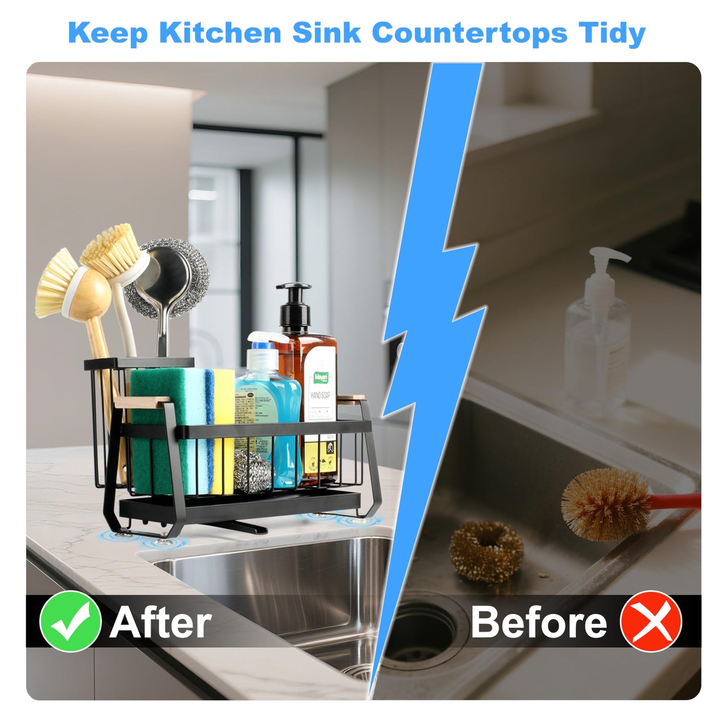 Ouletoy Sponge Holder for Kitchen Sink Organizer, Stainless Steel Sink Caddy Suction Cup with Dish Brush Holder, Rustproof Drying Rack, Sponge Caddy and Dish Soap Organizer for Kitchen Countertop