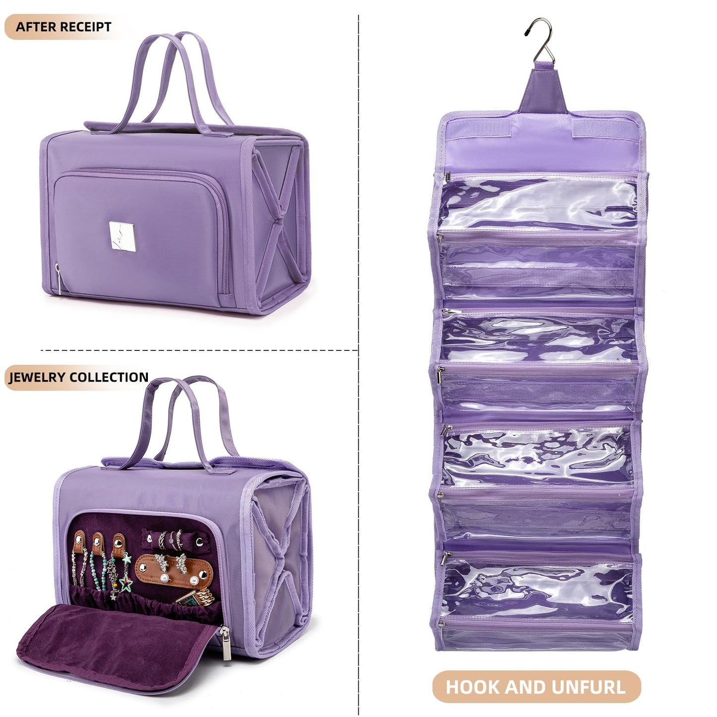ROYALFAIR Roll Up Makeup Bag, Waterproof Toiletry Bag for Women, Hanging Travel Organizer bags with Jewelry Organizer Compartment, Extra Large 4 Clear TSA Approved Pouches Cosmetic Makeup (violet)