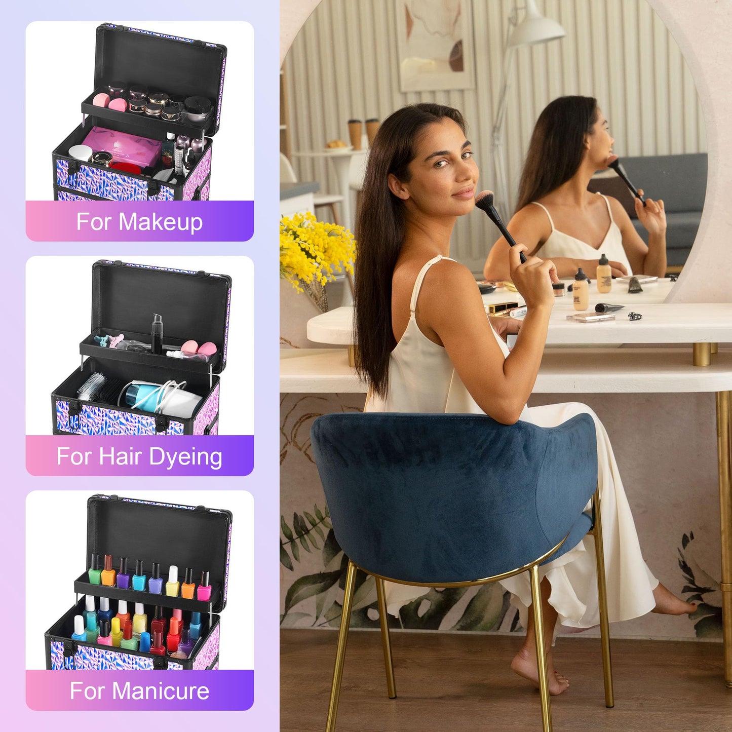 GALHUBIS Rolling Makeup Case with Large Drawer, Makeup Train Case with Tray, Cosmetology Case on Wheels, Travel Makeup Case Organizers, Professional for Salon Barber, Nail, Tattoo, Multicolor Purple