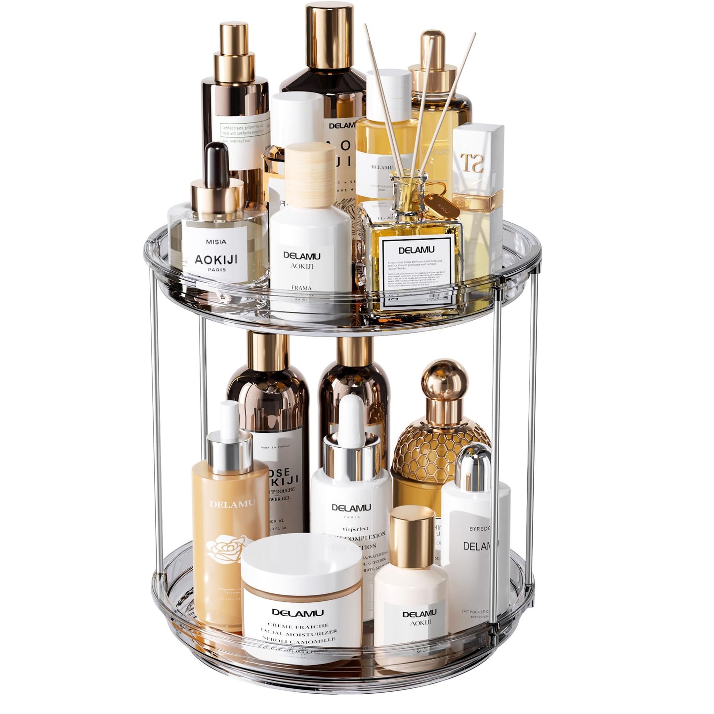 Delamu 2 Tier Rotating Makeup Organizer for Vanity, Skincare Organizer for Bathroom Counter, Spinning Perfume Organizer Cosmetic Holder with Large Capacity, Grey