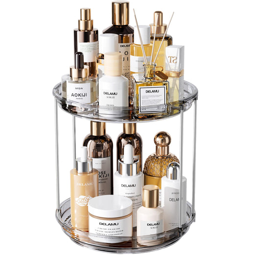 Delamu 2 Tier Rotating Makeup Organizer for Vanity, Skincare Organizer for Bathroom Counter, Spinning Perfume Organizer Cosmetic Holder with Large Capacity, Grey