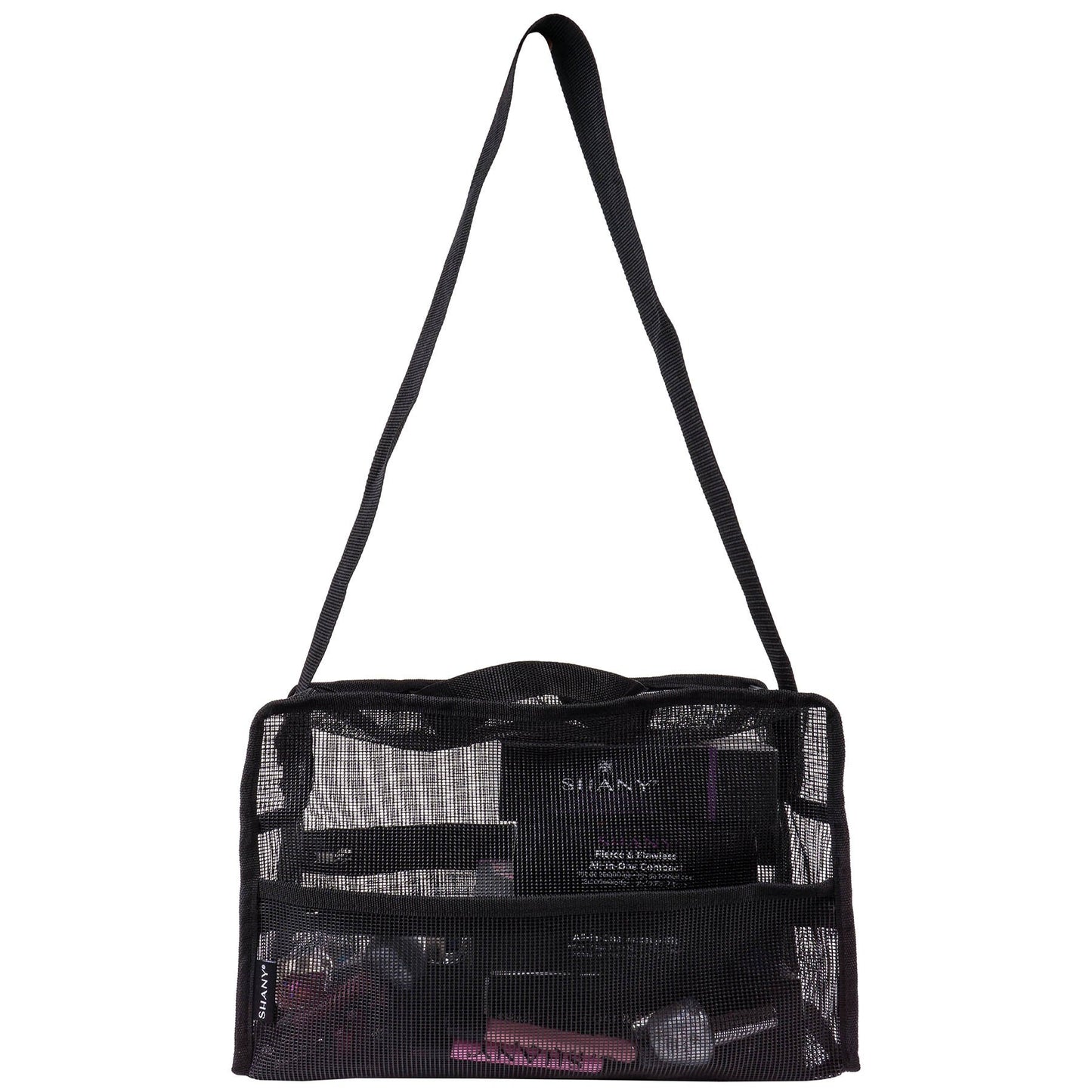 SHANY Collapsible Makeup Tools Travel Mesh Bag – Large See-Thru Travel Tote with Shoulder Straps – Water-Resistant with Zippered Pockets – Black