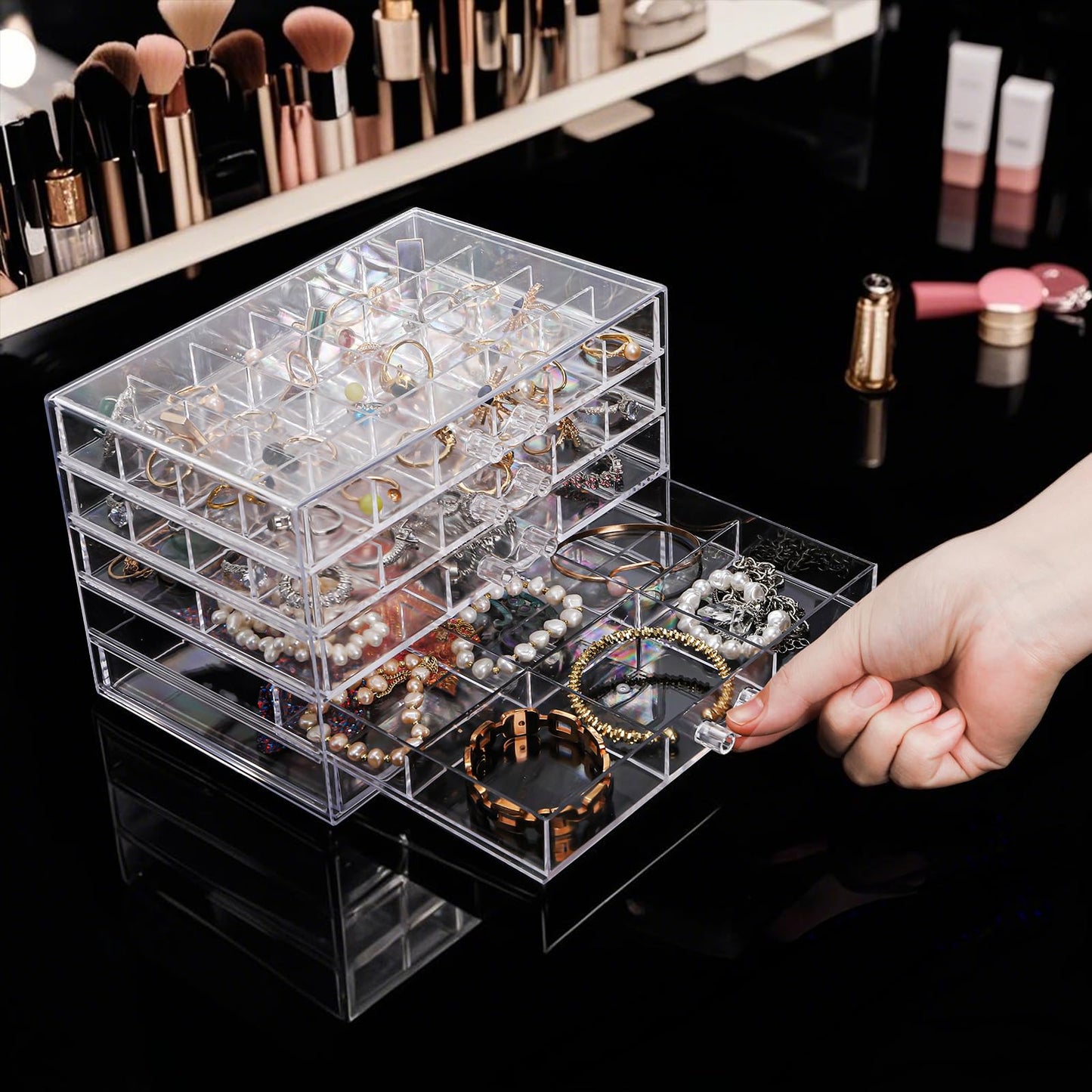 yarlung Acrylic Jewelry Storage Box Earring Holder with 5 Drawers, 61 Grids Jewelry Organizer Tray Clear Ring Display Case for Beads, Nail Tips, Women Girls Gift