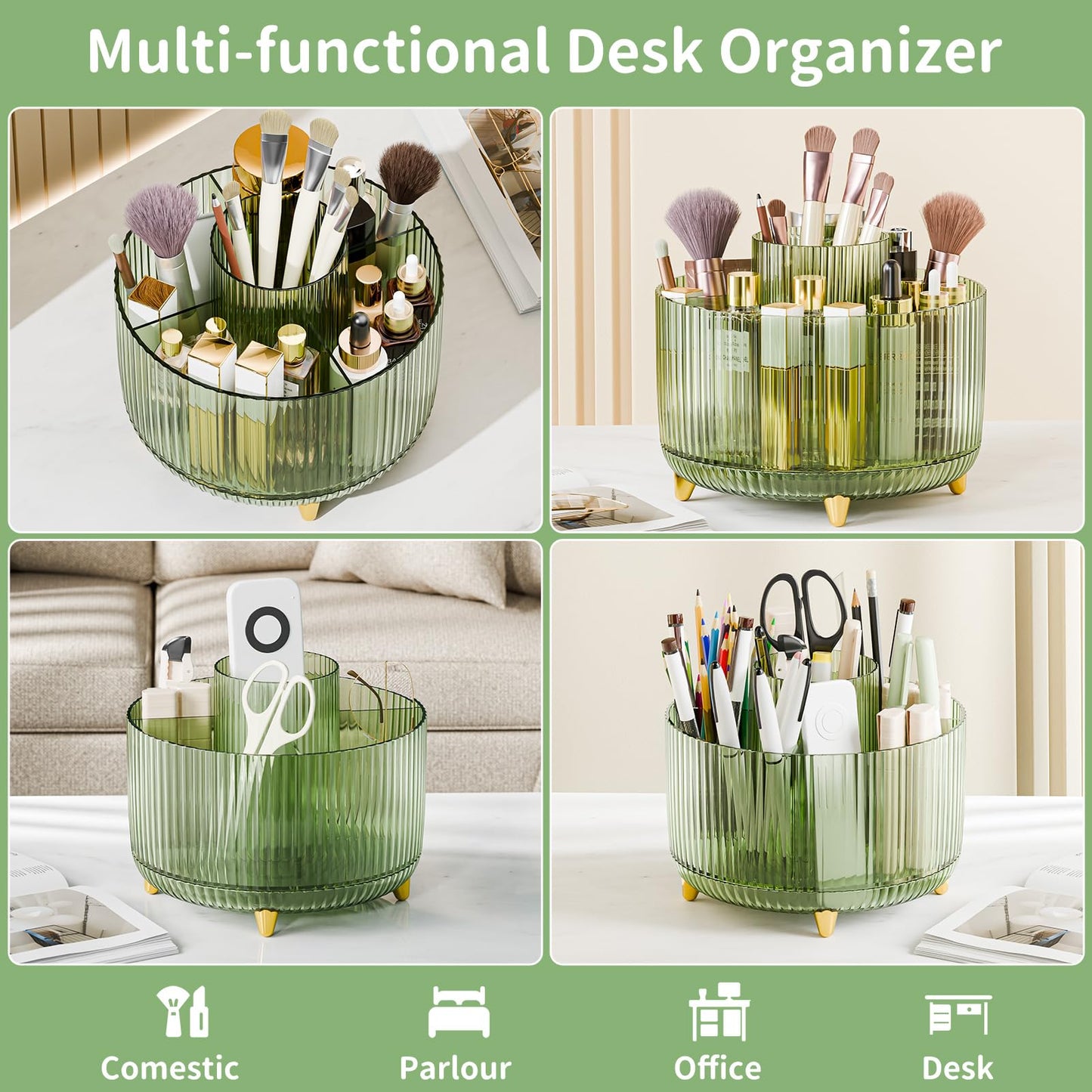 fanado 360° Rotate Makeup Brush Holder Organizer, Makeup Organizers Countertop, Makeup organization and Skincare Storage for Vanity, Desktop, Bathroom (Clear Green)