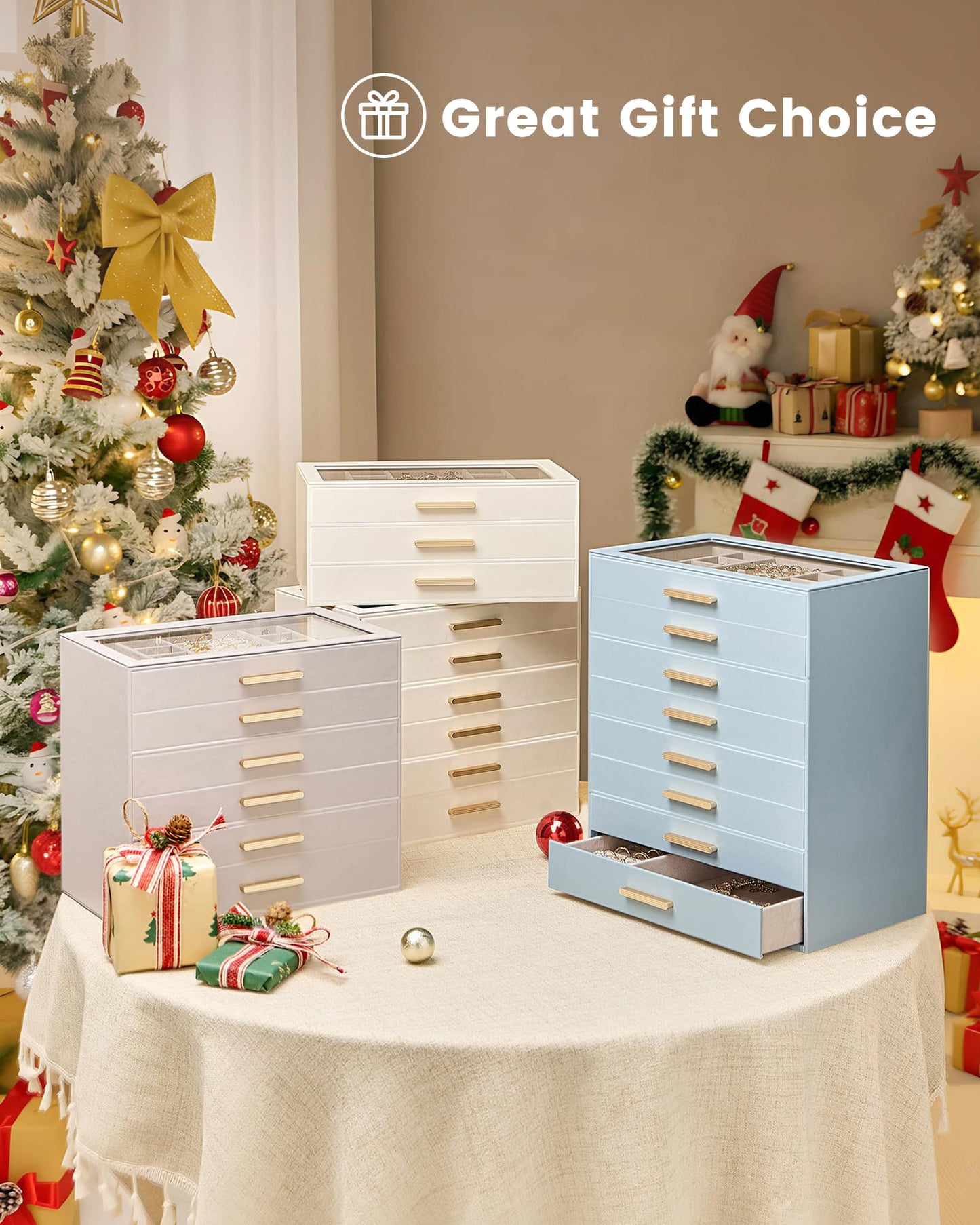 Lolalet Jewelry Box Organizer, 3-Layer Jewelry Organizers and Storage Case with Glass Lid, Ring Earring Bracelet Necklace Holder Organizer, Mothers Day Gifts for Mom, Women Girls -3Layer, Beige