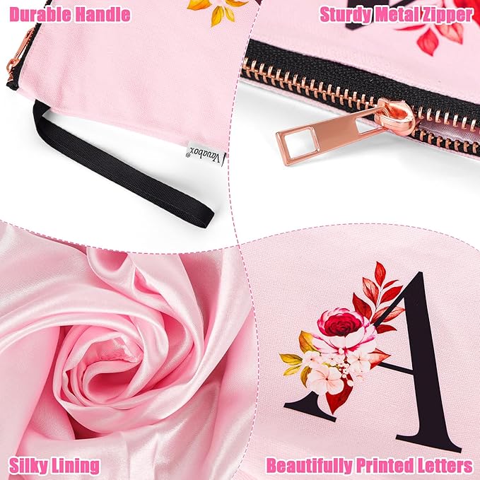 Vavabox A-Z Personalized Makeup Bag, Birthday Gifts for Women Mom, Gifts for Best Friend, Bride Bridesmaid Cosmetic bag (B, Pink)
