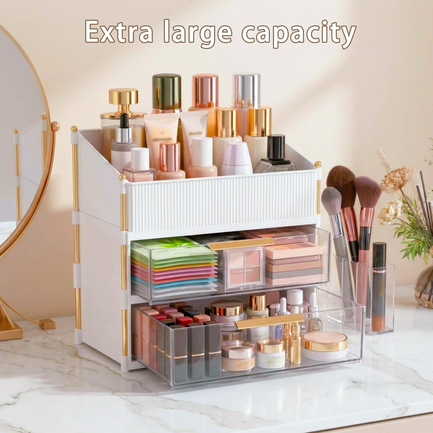 Asdbko Large Capacity Makeup Organizer Countertop with Brush Holder, Vanity Skincare Perfume Storage Box for Bathroom, Mother's Day Birthday Anniversary Teen Girl Gifts for Women Mom