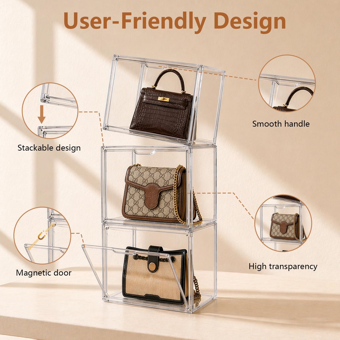 Attelite Plastic Purse and Handbag storage Organizer for Closet, Clear Acrylic Display Case with Magnetic Door for Wallet, Book, Cosmetic, Clutch Organization 3 Pcs