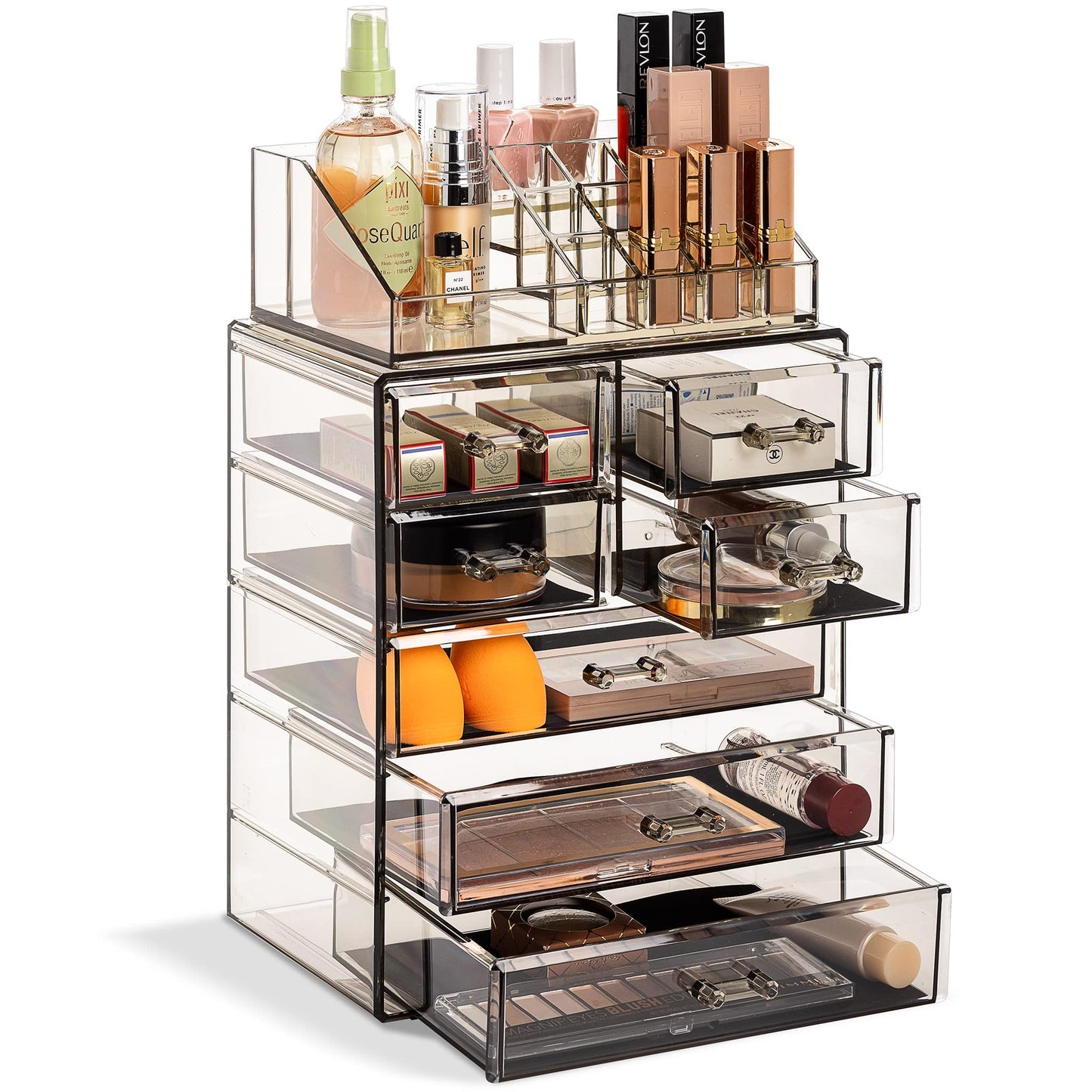 Sorbus Acrylic Makeup Organizer Set, 7-Drawer Vanity & Countertop Cosmetic Storage with Small & Wide Compartments, Black-Tint Makeup Storage for Brushes, Jewelry – Holiday Gift for Women & Teens