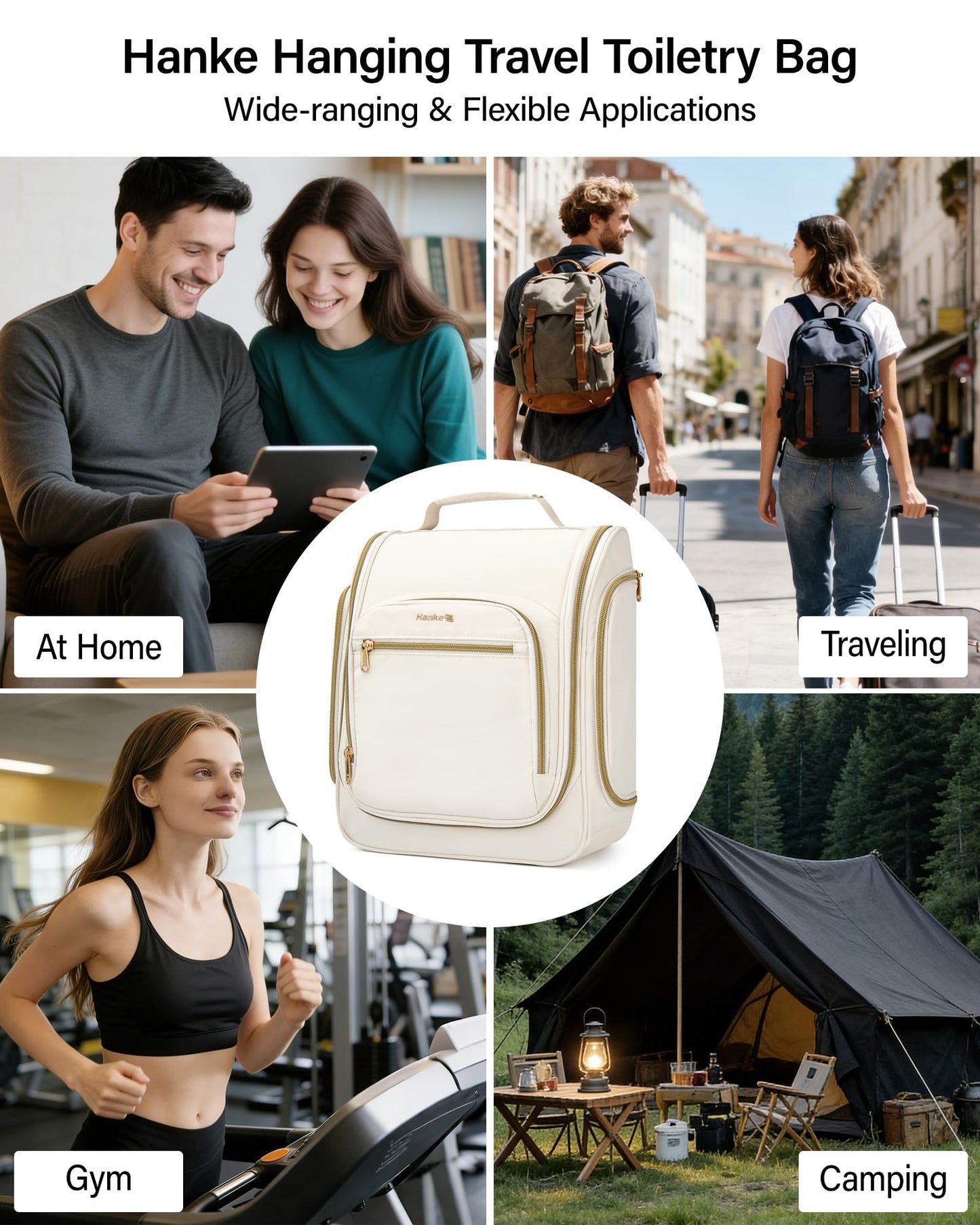 Hanke Hanging Travel Toiletry Bag for Men and Women, Water-Resistant Toiletries Bag Makeup Organizer with Hook, Cosmetic Bag for Bathroom & Travel Essentials Accessories, Off White