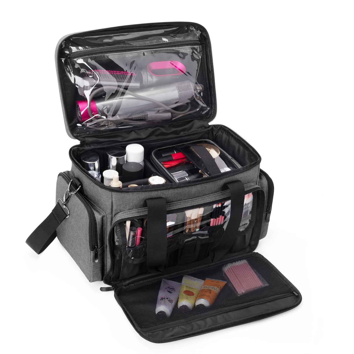 BAFASO Large Makeup Bag with 2 Removable Pouches and Detachable Dividers, Multifunctional Toiletry Bag Cosmetic Bag to Keep Makeup and Hair Supplies (Patent Pending), Gray