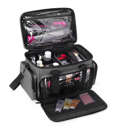 BAFASO Large Makeup Bag with 2 Removable Pouches and Detachable Dividers, Multifunctional Toiletry Bag Cosmetic Bag to Keep Makeup and Hair Supplies (Patent Pending), Gray
