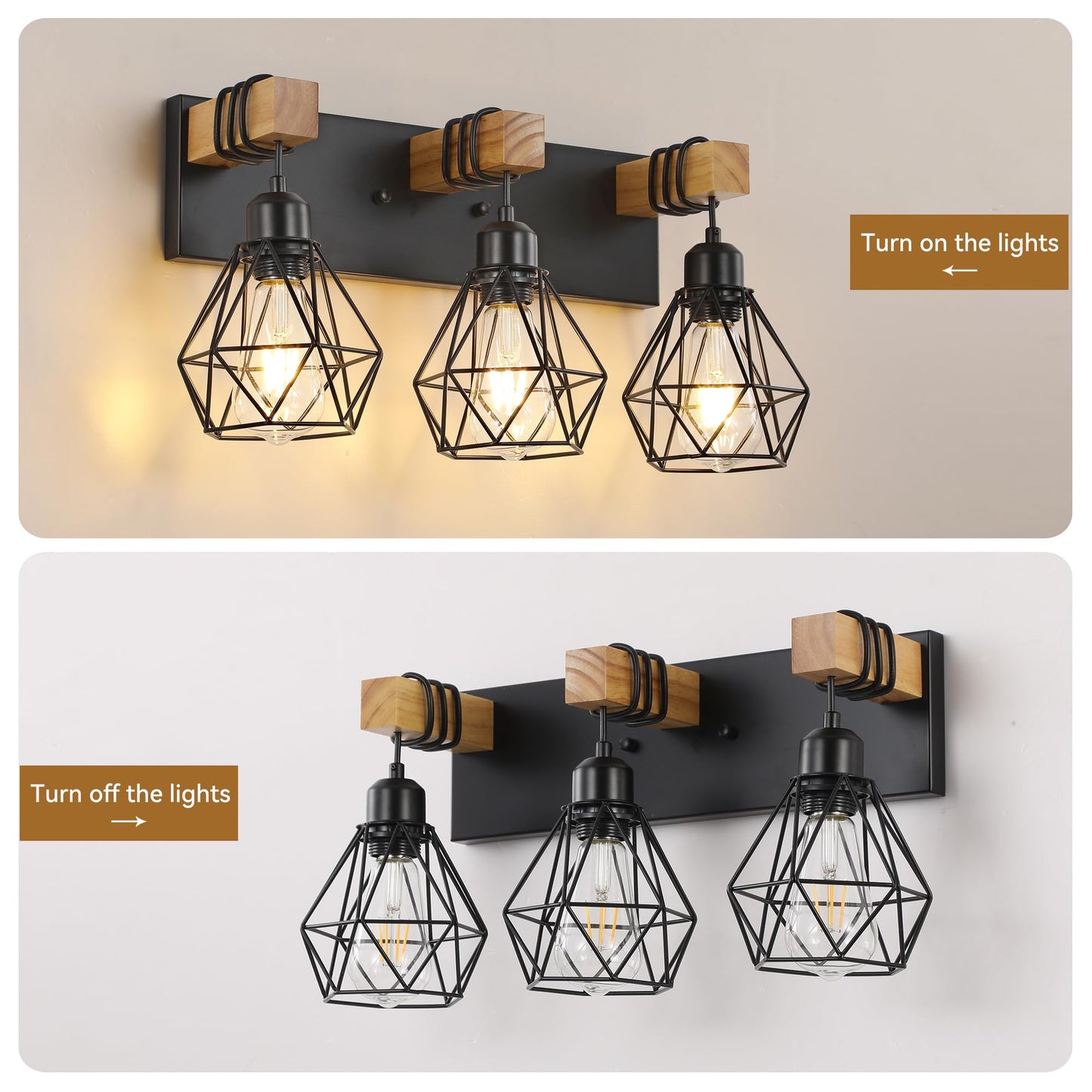 Farmhouse Vanity Light for Bathroom, 3-Light Wood Bathroom Vanity Light Fixtures Over Mirror, Black Rustic Sconces Wall Lighting with Metal Lampshade for Living Room, Bedroom, Hallway