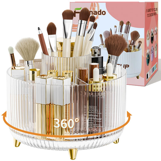 fanado 360° Rotate Makeup Brush Holder Organizer, Makeup Organizers Countertop, Makeup organization and Skincare Storage for Vanity, Desktop, Bathroom (Clear)