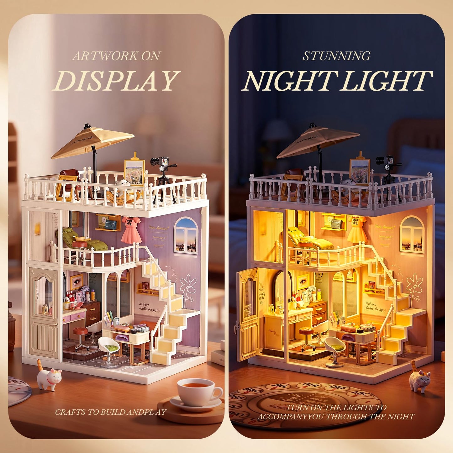 DIY Miniature House Kit Beauty Salon – 203 Piece Tiny House Dollhouse Mini Room with LED Light, Nail Art Studio & Makeup Room, Cozy Creative Craft Gift for Kids 8+ & Teens