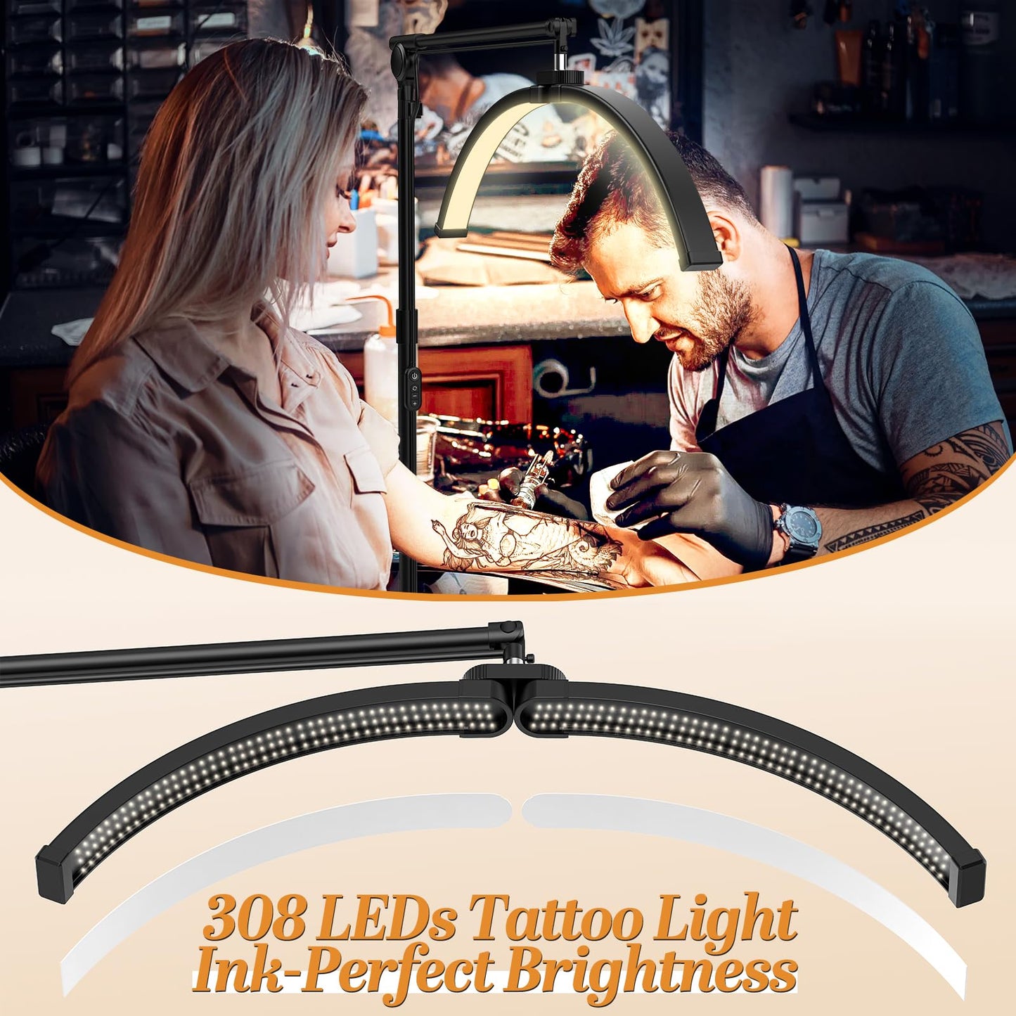 LateRep Half Moon Light, 3-Color Lash Light for Eyelash Tech, Foldable Dimmable Floor Lamp, 308 Led Beads Shadowless Half Moon Lamp with 360° Rotation for Beauty, Tattoo, Reading