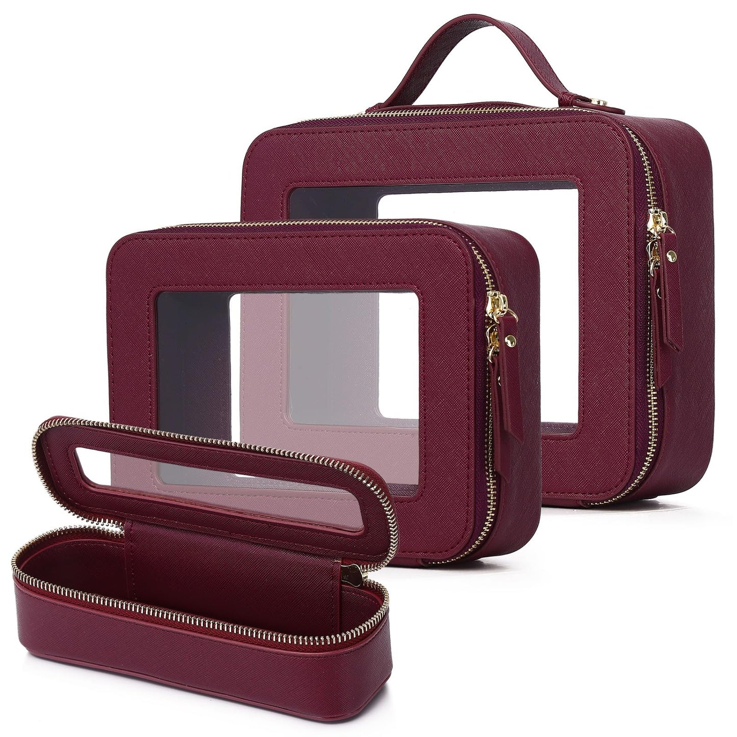 LOFOWN Travel Makeup Set Waterproof Transparent Cosmetic Bag and Toiletry Bag Makeup Brush case with Zipper Car Essentials for Women (Burgundy, L+M+SLIM)