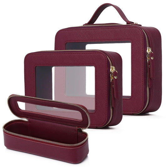 LOFOWN Travel Makeup Set Waterproof Transparent Cosmetic Bag and Toiletry Bag Makeup Brush case with Zipper Car Essentials for Women (Burgundy, L+M+SLIM)