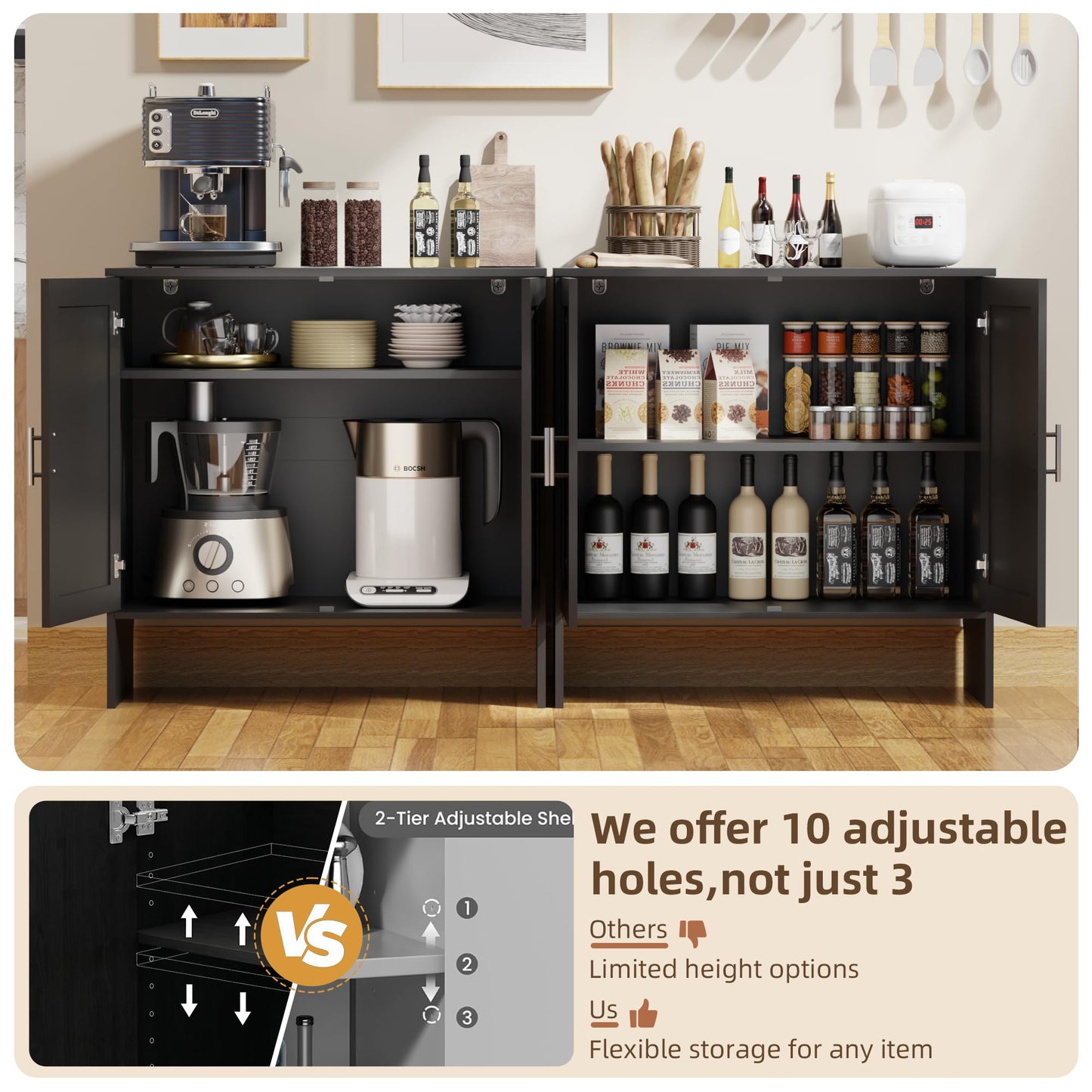 DHZ Buffet Cabinet with Storage, Farmhouse Sideboard with Black Rattan Doors & Adjustable Shelf, 31.5" Narrow Coffee Bar Cabinet, Kitchen Storage Credenza, Entryway Accent Liquor Cabinet
