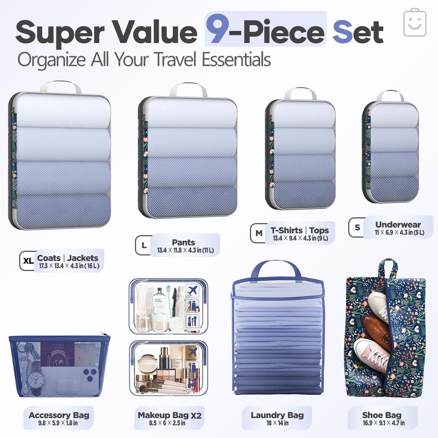 Veken 9/11 Set Compression Packing Cubes for Travel Essentials,Compressible Expandable Luggage Suitcase Organizer Bags for Clothing,Space Saver Bags with Over 1000 pcs of Mesh Holes(Dark Blue Floral)