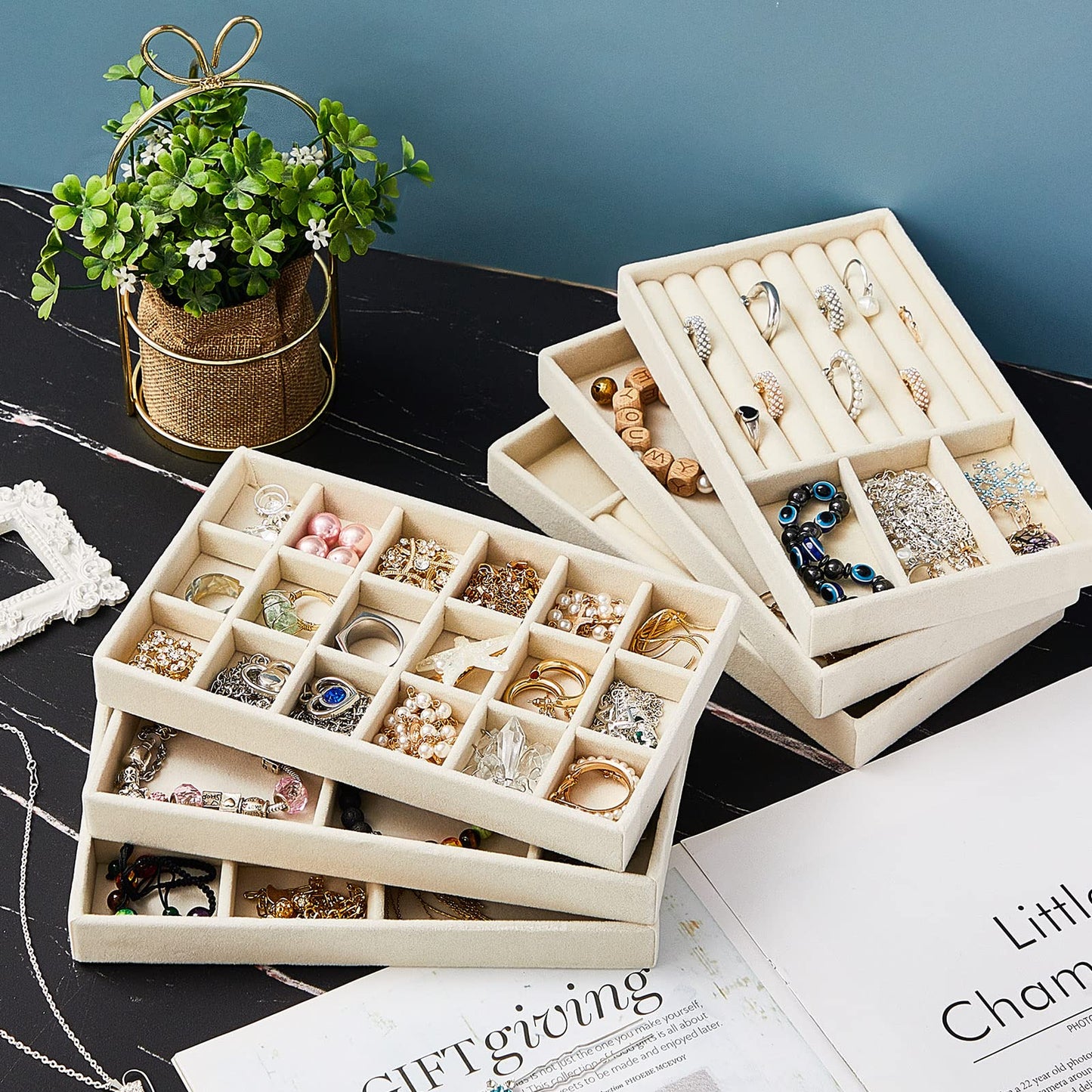 Junkin 18 Pcs Velvet Jewelry Tray, Stackable Jewelry Organizer Trays for Drawer, Jewellery Box Divided Display Tray, Jewelry Inserts for Drawer for Rings Earring Bangle Necklaces(Beige)