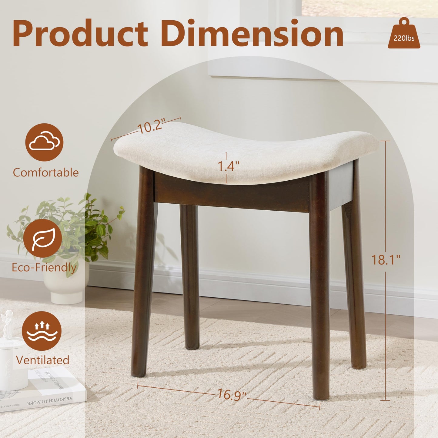 Royal Windsor Vanity Stool with Saddle Cushion, 18 Inch Makeup Vanity Chair for Living Room, Modern Foot Stool Ottoman Piano Bench,Small Upholstered Bench for Bedroom, White