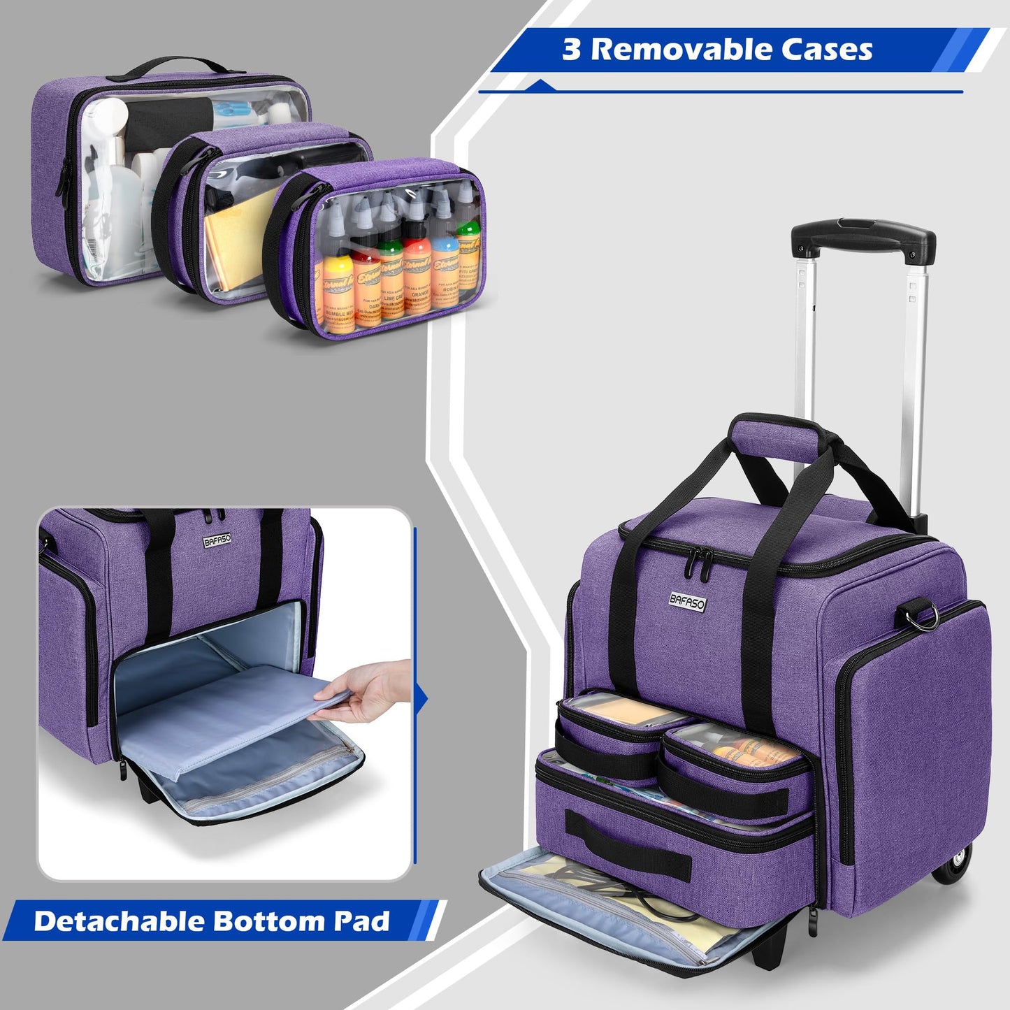 BAFASO Rolling Tattoo Case with 3 Removable Pouches and Detachable Dolly, Tattoo Travel Case for Stencil Printer and Supplies (Patented), Purple